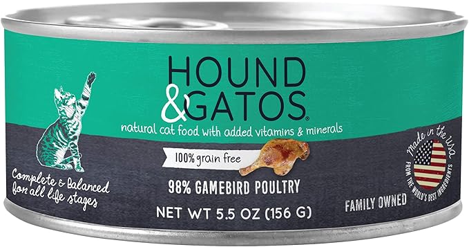 Hound & Gatos Wet Cat Food, 98% Poultry & Gamebird, Grain Free Pate Cat Food, Real Meat, High Protein, Limited Ingredients, No Additives, 5.5 oz. Cans (Pack of 24)