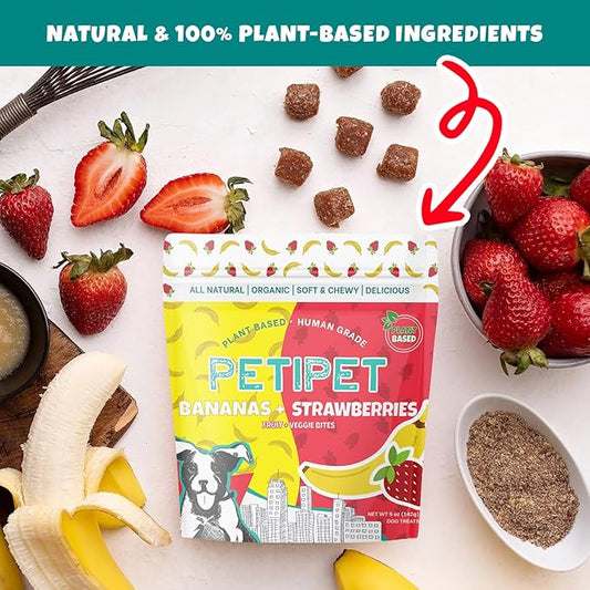 Bananas+Strawberries Plant-Based Fruit Dog Treats - Strawberry, Apple, Banana Soft & Chewy Treats - Healthy, Vegetarian, Vegan - Organic Ingredients, Low-Protein, Hypoallergenic, Gluten-Free