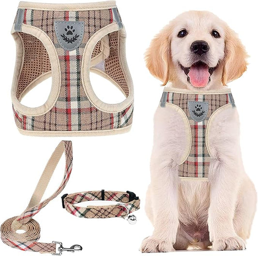 PUPTECK Adjustable Dog Harness Collar and Leash Set Step in No Pull Pet Harness for Small Medium Dogs Puppy and Cats Outdoor Walking Running, Soft Mesh Padded Reflective Vest Harnesses, Khaki XL