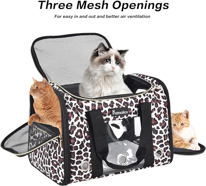 Petmolico Cat Carrier Soft-Sided Pet Bag for Small Medium Cats Puppies 16LBs - Airline Approved Pet Travel Carrier 3 Open Doors (Medium,Leopard)