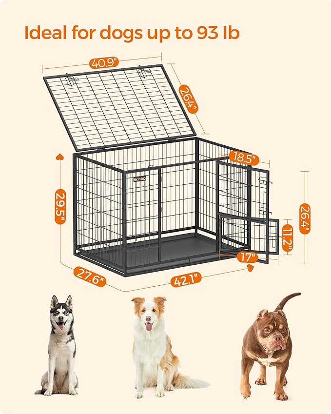 Feandrea 42.1 Inch Heavy Duty Dog Crate, Metal Escape Proof Kennel with Double Doors and Convenient Feeding Door, Removable Tray, Easy to Clean, XL Pet Crate for Large and Medium Dogs, Black
