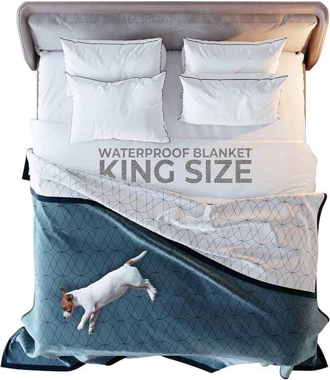 Waterproof Dog Blanket for Bed – 108x90 Inch King Size – Pet Hair Resistant Blanket for Small to Large Dogs – Washable, Leakproof, Reversible Bedspread for Bed Protection – Blue/White