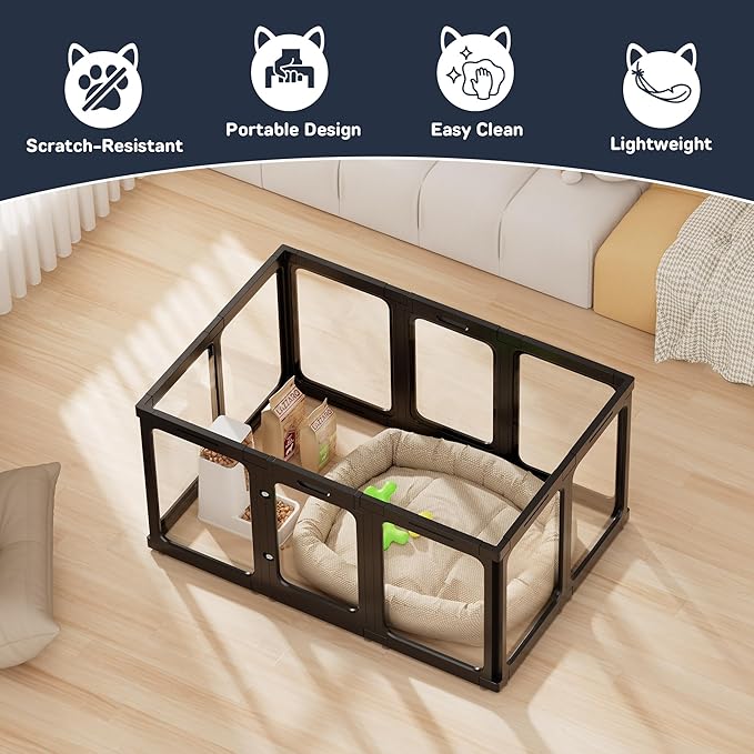 Acrylic Dog Playpen Indoor, 10 PCS Plastic Puppy Playpen with Door, Clear PlayPen for Dog Cat Rabbit Ferret, Preferable Small Dog Cage, Easy Assemble Pet Pen, 50" L x 33.5" W x 24" H, Black