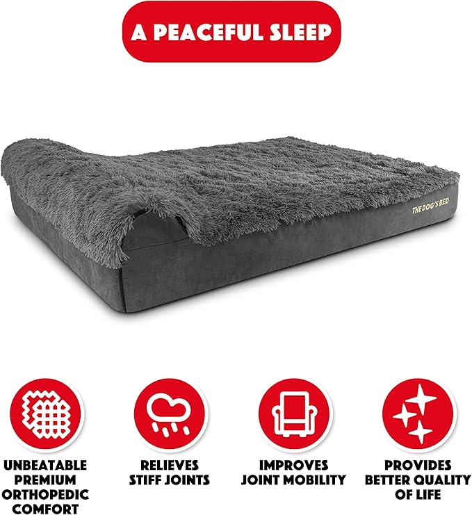 The Dog’s Bed Orthopedic Headrest Dog Bed XXL Grey Fur 54x36, Memory Foam, Pain Relief: Arthritis, Hip & Elbow Dysplasia, Post Surgery, Lameness, Veterinary Approved, Waterproof Washable Cover
