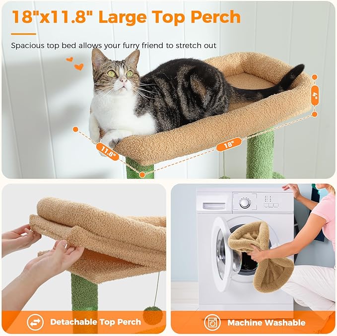 71 Inch Tall Cactus Cat Tree for Indoor Cats Large Adult, Multi-Level Cat Tower with Extra Large Hammock, 2 Cat Caves, Spacious Top Perch, Scratching Pad, Green
