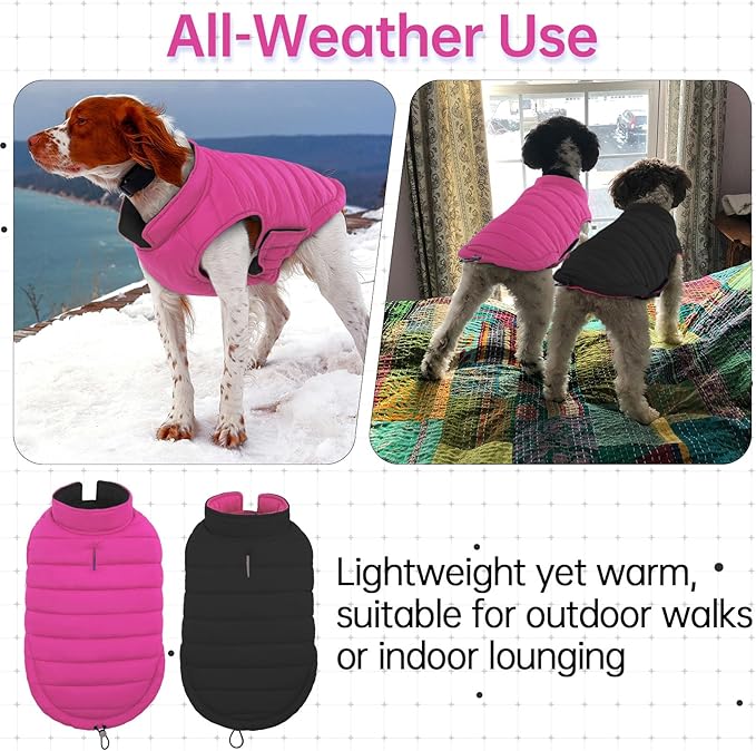 Lelepet Reversible Dog Coat Waterproof Dog Jacket Windproof Puffer Vest for Winter Warm Lightweight Coats for Small Dogs Adjustbale Hook & Loop Pet Apparel with Leash Hole, Pug, Rose Red, M