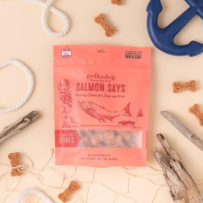 Polkadog Salmon Says Bone Shaped Treats - Omega-3 Rich, Low Fat Healthy Dog Treat - Digestible, Vitamin & Mineral Packed Dog Snacks - Crunchy 3-Ingredient Treat, Ideal for Dogs with Allergies - 7 oz