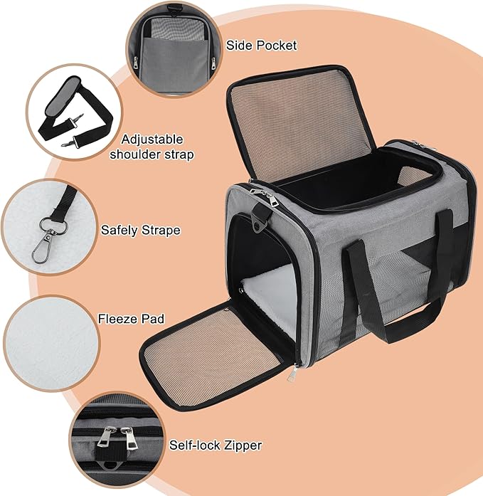 Pet Carrier, Breathable Mesh Design, Soft Cat Carrier with Shoulder Strap, Comfortable Travel Solution, Grey