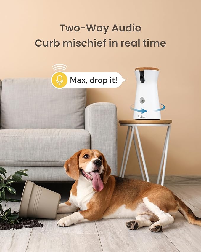 Furbo 360° Dog Camera: Pet Security Cam w/Barking Alerts, Rotating View, Treat Toss w/Phone App, Smart Home Puppy Monitoring, 2-Way Speaker, No Subscription Needed. Standard See, Talk, & Toss Features