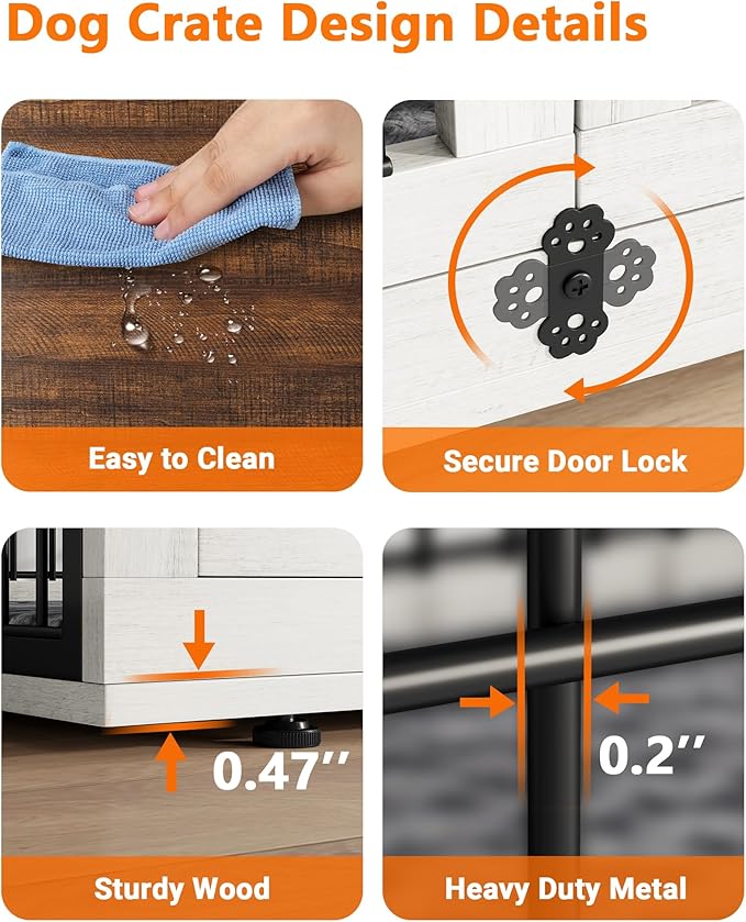 Dog Crate Furniture with Cushion, Wooden Dog Kennel Indoor with Double Doors, Dog Cage with Wheels, Dog House Side End Table for Small Medium Dogs up to 45 lb, 32.5" L, White