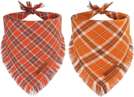 ADOGGYGO Fall Dog Bandanas with Tassels Edges, Stylish Plaid Thanksgiving Halloween Scarf Bib, Orange Plaid Fall Bandanas for Extra Large Dogs (X-Large)