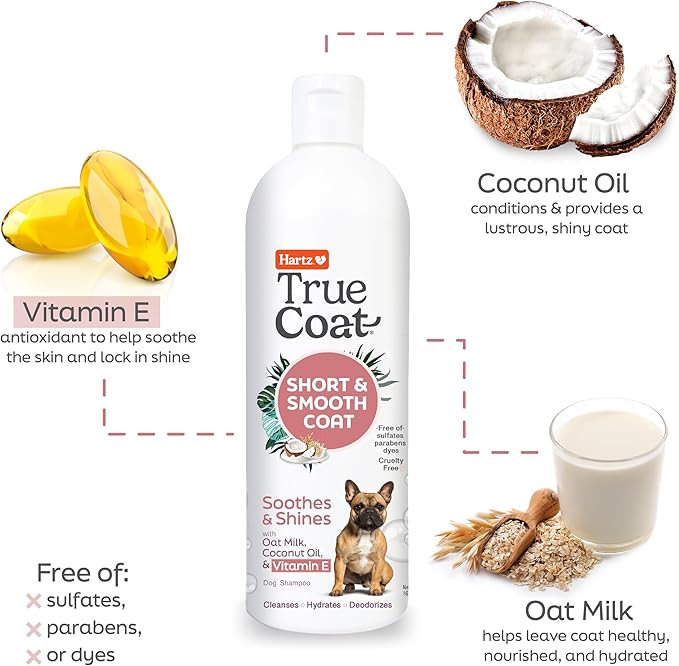 New! Hartz True Coat Short & Smooth Coat Specific Dog Shampoo, Soothes & Shines with Oat Milk, Coconut Oil & Vitamin E