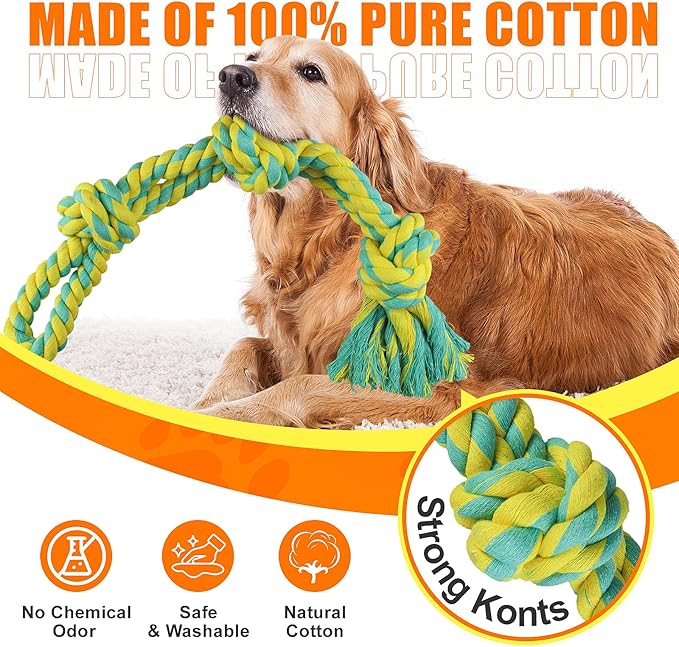 Tough Dog Toy Ropes for Large/Medium Aggressive Chewers, 2 Nearly Indestructible Dog Chew Toys, Tug of War Dog Toy for Large Breed, 100% Natural Cotton for Teeth Cleaning