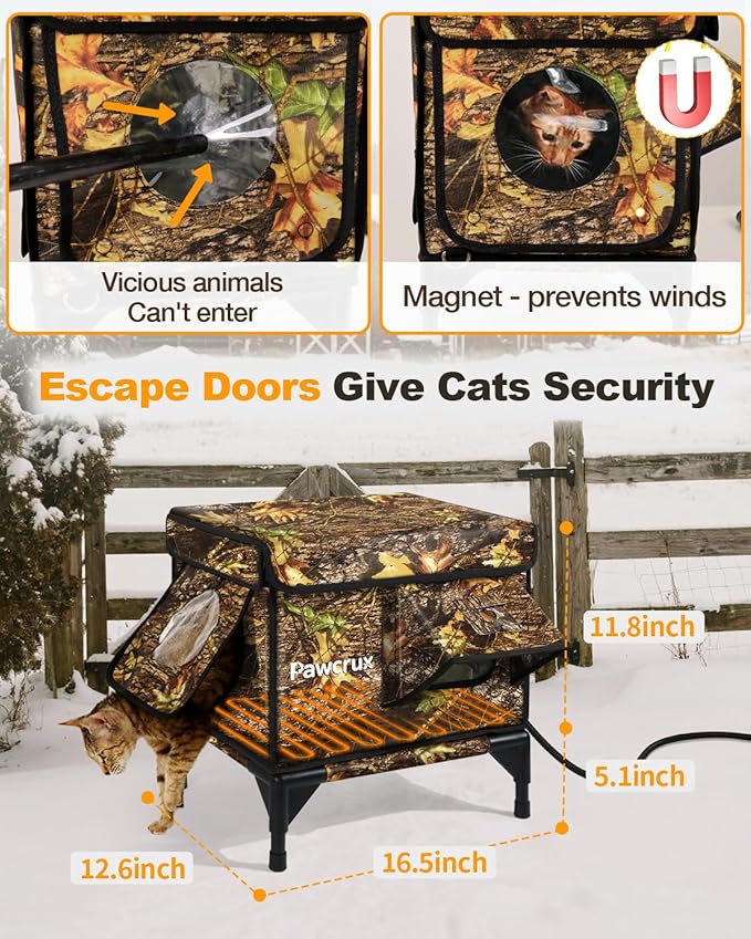 Heated Cat House for Outdoor in Winter, Insulated & Safe Escape Door & Waterproof Heated Cat Bed Shelter with Heating Pad, Warm Home for Outside Feral Barn Stray Kitty(Leaf Color, 12"x16"x16")