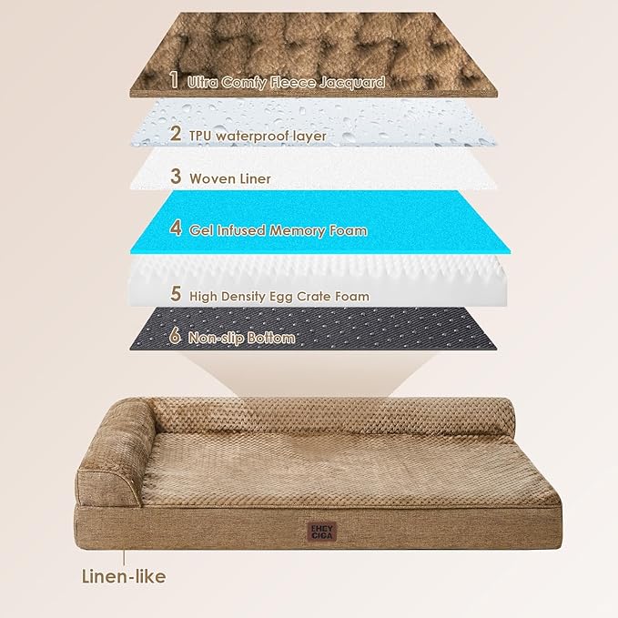 EHEYCIGA Memory Foam Dog Bed Large Sized Dogs, Waterproof Dog Bed Orthopedic with Washable Removable Cover, Non-Slip Pet Bed Couch, 36x27x6 Inches, Camel