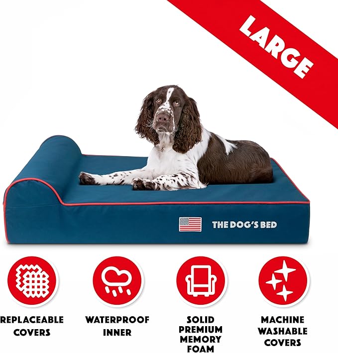 The Dog’s Bed Orthopedic Headrest Dog Bed Large Blue Oxford with Red Trim US Flag Dog Bed, Memory Foam, Hip & Elbow Dysplasia, Lameness, Waterproof Washable Cover