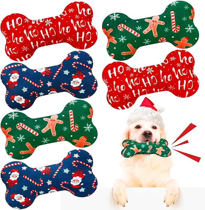 6 Pack Christmas Dog Squeaky Bone Toys Plush Interactive Dog Pets Birthday Bone Shape Stuffed Chew Toys for Puppy Small Medium Large Squeak Toss Play