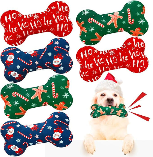 6 Pack Christmas Dog Squeaky Bone Toys Plush Interactive Dog Pets Birthday Bone Shape Stuffed Chew Toys for Puppy Small Medium Large Squeak Toss Play