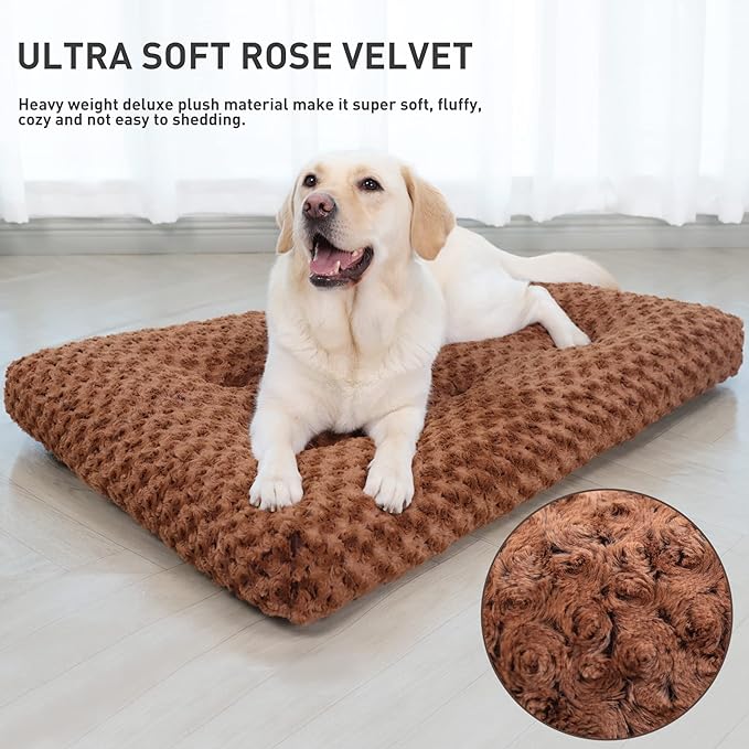KSIIA Washable Dog Bed Deluxe Plush Dog Crate Beds Comfy Kennel Pad Anti-Slip Pet Sleeping Mat for Large, Jumbo, Medium, Small Dogs Breeds, 41" x 27", Brown