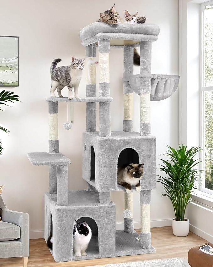 Globlazer Cat Tower for Indoor Cats, Heavy Duty Cat Trees for Large Cats Adult Big Cats Maine Coon Cat Tree Tower with Scratching Post, Extra Large Top Perch, Cat Condos, F61, Cloud Grey, 61inch