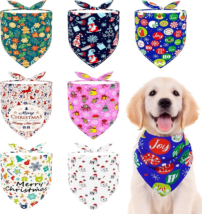 Christmas Dog Bandanas for Medium Dogs Breed 7 Pcs Hemming Seam Edge Christmas Dog Bandanas Adjustable Scarves Grooming M
