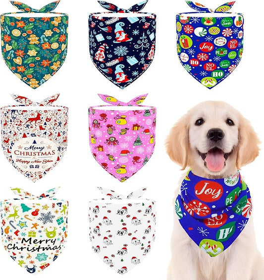 Christmas Dog Bandanas for Medium Dogs Breed 7 Pcs Hemming Seam Edge Christmas Dog Bandanas Adjustable Scarves Grooming M