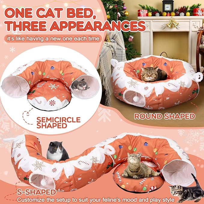 Aliceset Christmas Gingerbread Man Cat Tunnel Bed for Indoor Cats 3ft x 3ft x 10in Foldable Cat Donut Tunnel with Washable Cushion Gingerbread Man Pet Peekaboo Cave Toy for Small Kitten Kitty