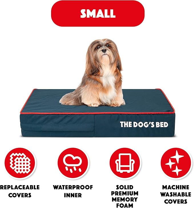 The Dog’s Bed Orthopedic Memory Foam Dog Bed, Small Blue/Red, Pain Relief for Arthritis, Hip & Elbow Dysplasia, Post Surgery, Lameness, Supportive, Calming, Waterproof Washable Cover