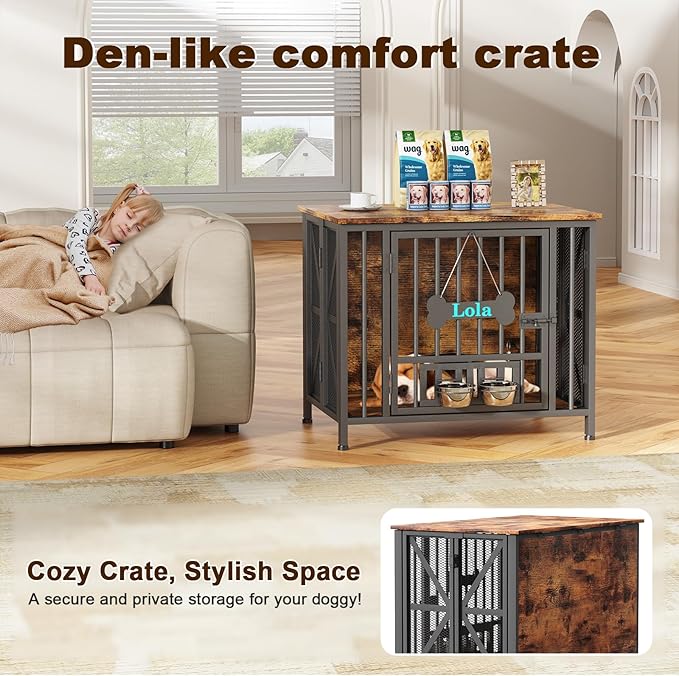 Easycom Dog Crate Furniture, 31.5" Assembly-Free Dog Crates for Small & Medium Dogs, Foldable Dog Kennel Indoor with Tag & Adjustable Dog Bowls, Wooden Dog Cage Use as End Table, Rustic Brown