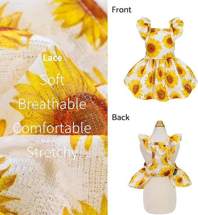 Fitwarm Dog Sunflower Dress, Dog Clothes for Small Dogs Girl, Pet Cat Apparel, White, Yellow, Red, XS