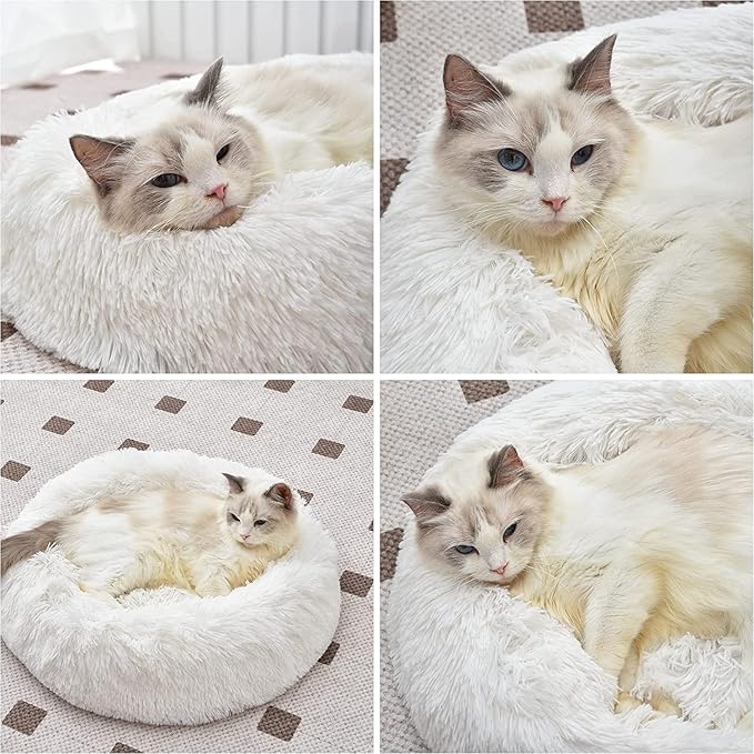 White Faux Fur Cat & Dog Beds 20 inches - Washable Dog Beds for Small Medium Dogs, Anti-Anxiety, Round Plush, Fluffy Thick Bottom