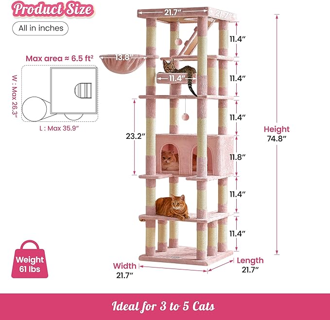 MWPO 74.8 Inches Pink Extra Large Cat Tree, Tall Cat Tower for Indoor Cats with Large Cat Condo, Wide Top Perch, Hammock, Sisal-Covered Scratching Posts, Toys for Kittens & Cats