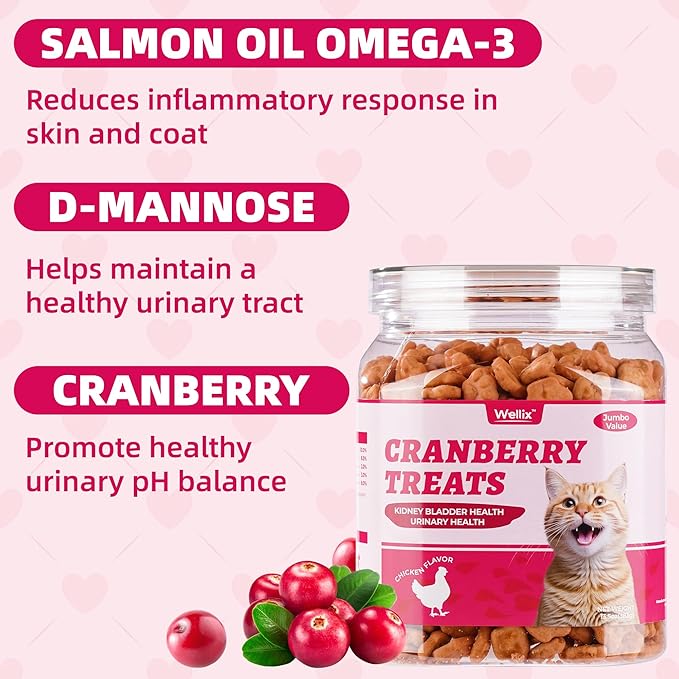 Wellix 13.5 oz Urinary Cat Treats for Indoor Cats Cranberry Flavor - Chicken Formula Kitten Training Snacks - Support Kidney Bladder & Urinary Health Cat Biscuits