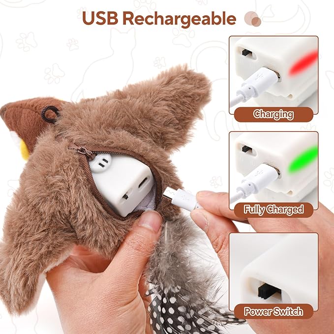 AUSCAT Flappy Bird Cat Toy, Simulated Chirping Bird Cat Toy Flapping Wings, Rechargeable，Interactive Catnip Toys for Indoor Kittens (No Flying)