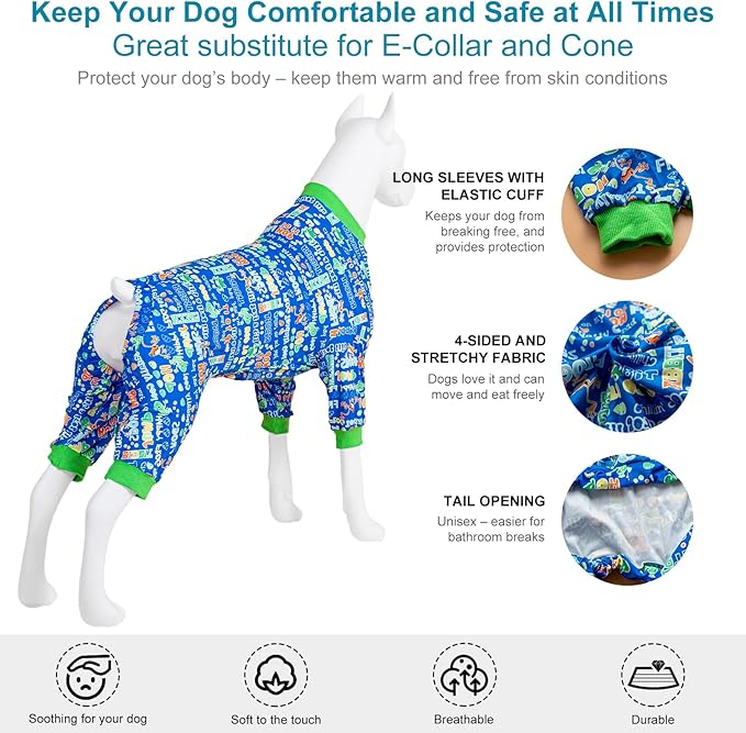 LovinPet Dog Pajamas Bodysuit for Giant Dogs -Dog Onesie with UV Protection & Anxiety Calming Shirt,Pitbull Dog Clothes, Pet Pajamas for Dogs, Cotton Jumping Frogs Print,3XL