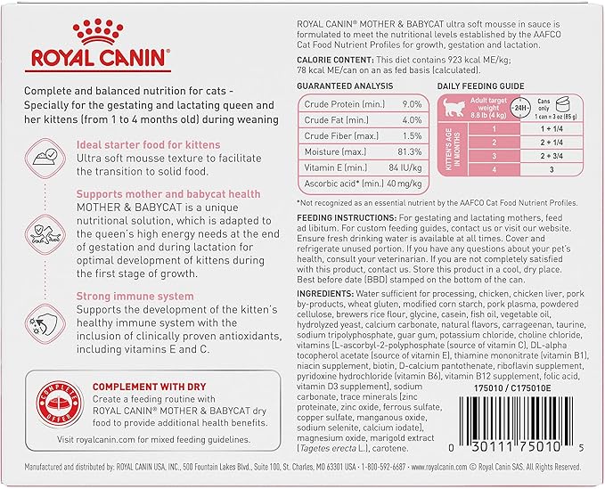 Royal Canin Feline Health Nutrition Mother & Babycat Queen Ultra Soft Mousse in Sauce Cat Food, 3 oz (Pack of 6)