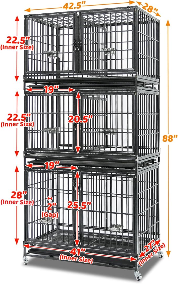 Homey Pet 43 Inch Three Tiers Dog Crate Cage Kennel with Divider, Stackable Heavy Duty Dog Crate for Large Dogs, Escape Proof Indestructible Dog Kennel Indoor with Removable Tray, Lockable Wheels
