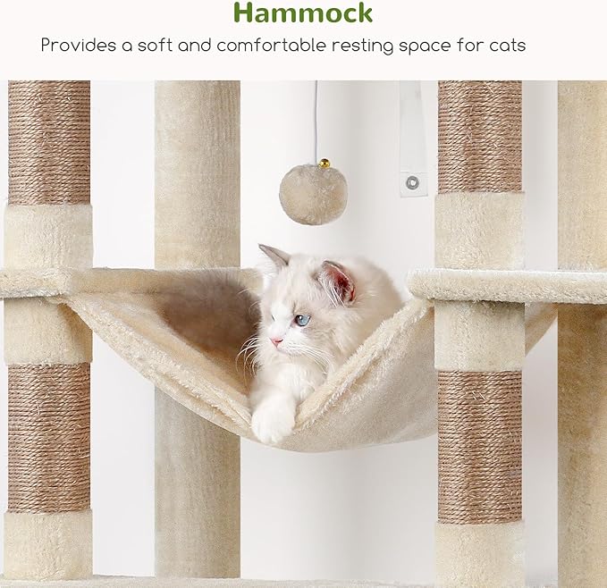 Globlazer XXL Giant Cat Tree, 83 Inch Heavy Duty Tall Cat Tower for Indoor Cats Large Adult, Multi-Level Large Cat Condo with 8 Scratching Posts, Hammock, 2 Cat Caves, 2 Platform, F83B, Beige