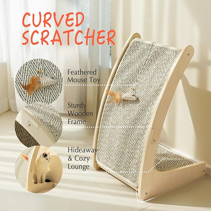 PETKARAY Cat Scratcher, Sisal Cat Scratch Pad, Curved Scratching Board for Indoor Kitty, Floor Mounted Scratcher with Mouse Toy Catnip