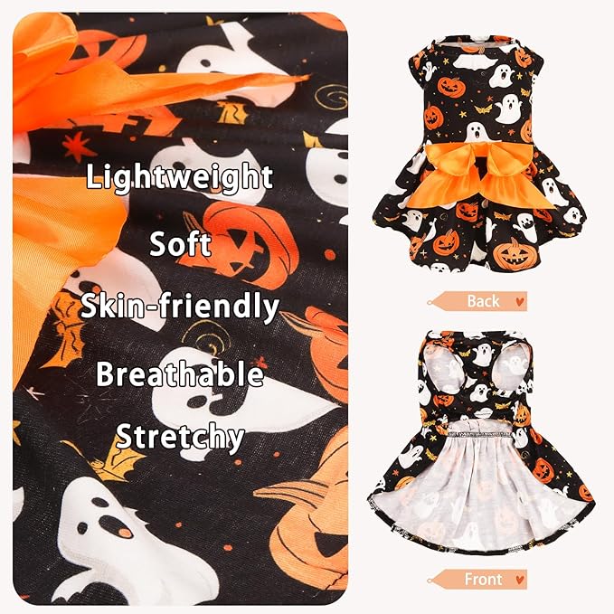PUPTECK Print Dog Halloween Dress Pet Costumes Apparel with Cute Bowtie Puppy Clothes Outfit, Ghost, L