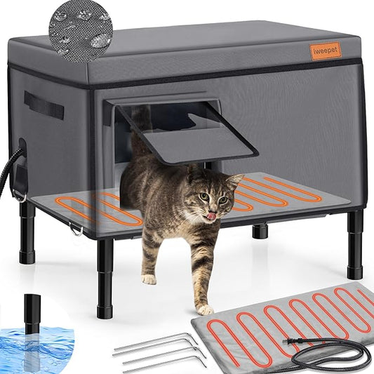 Heated Cat House for Outdoor Cat in Winter, 100% Waterproof Outdoor Cat House with Heating Pad, Foil Insulated Cat Shelter for Outside Barn Feral Stray Cat