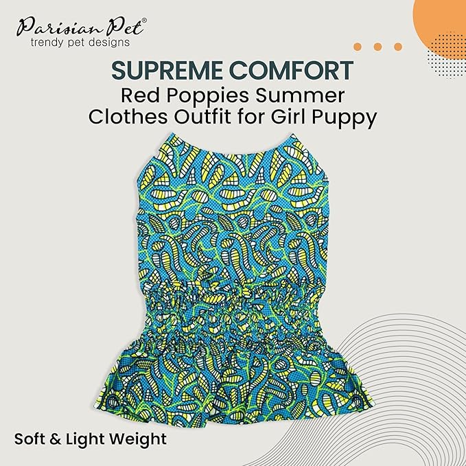 Parisian Pet Tribal Leaves Summer Dress - Ruched Waist Beach Outfit for Large Dogs - Lightweight Puppy Clothes - Girl L