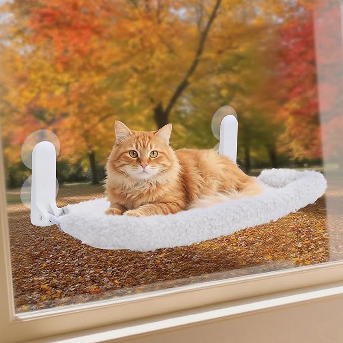 Cat Window Perch, Cordless Foldable Cat Hammock Bed with 4 Suction Cups, Embeded Machine Washable Bed for Indoor Cats, Strong Metal Frame Holds 40lbs (Beige,Cotton Binding)