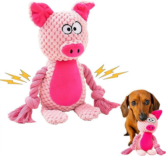 Cotton Rope Squeaky Dog Toy with Crinkle Paper – Interactive Plush Chew Toy for Small & Medium Puppies, Pig Design