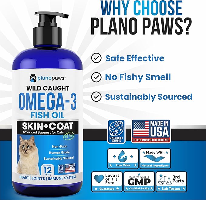 Omega 3 Fish Oil for Cats - Better Than Salmon Oil - Kitten & Cat Vitamins and Supplements - Cat Dandruff Treatment - Liquid Fish Oil for Pets - Shedding Support - Cat Health Supplies for All Ages