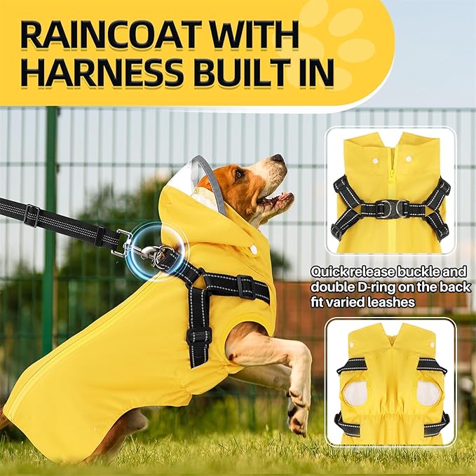 SlowTon Dog Raincoat Waterproof - Dog Rain Jacket with Harness and Hood Lightweight, Reflective Dogs Rain Coat for Large Medium Small Dogs Girl Boy Puppy Poncho Pet Clothes (Yellow, L)