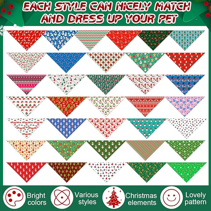 Sanwuta 72 Pcs Christmas Dog Bandana Bulk Washable Puppy Triangle Scarfs Xmas Cat Bandanas Adjustable Soft Christmas Pet Triangle Bibs Accessories for Small Medium Dogs Cats Pets Costume
