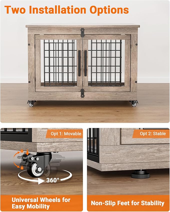 Dog Crate Furniture with Cushion, Wooden Dog Kennel with Double Doors, Heavy Duty Dog Cage End Table with Wheels, Dog House Indoor for Small Medium Dogs up to 45 lb, 32.5” L, Grey