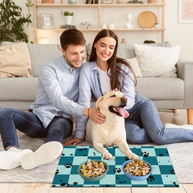 Checkered Absorbent Dog Feeding Mat Quick Dry Diatom Mud Non-Slip Pet Food Placemats Pad with Rubber Backing for Food and Water Bowls 12"x20"