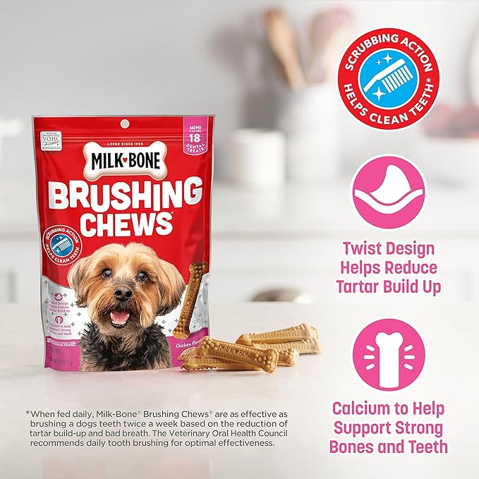 Milk-Bone Original Brushing Chews, 18 Mini Daily Dental Dog Treats (Pack of 5) Scrubbing Action Helps Clean Teeth